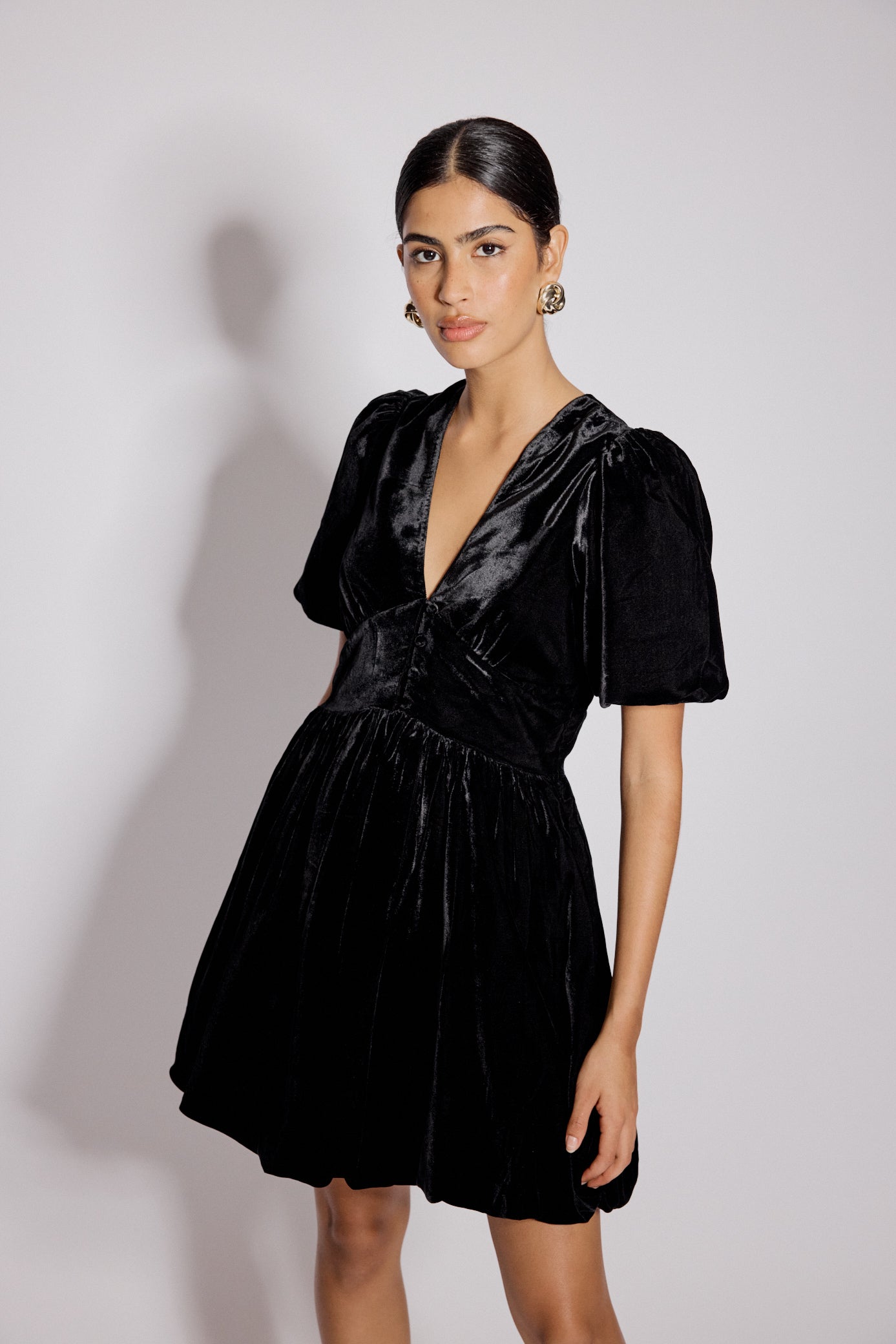 Black Velvet Puff Sleeve Starlight Mini Dress