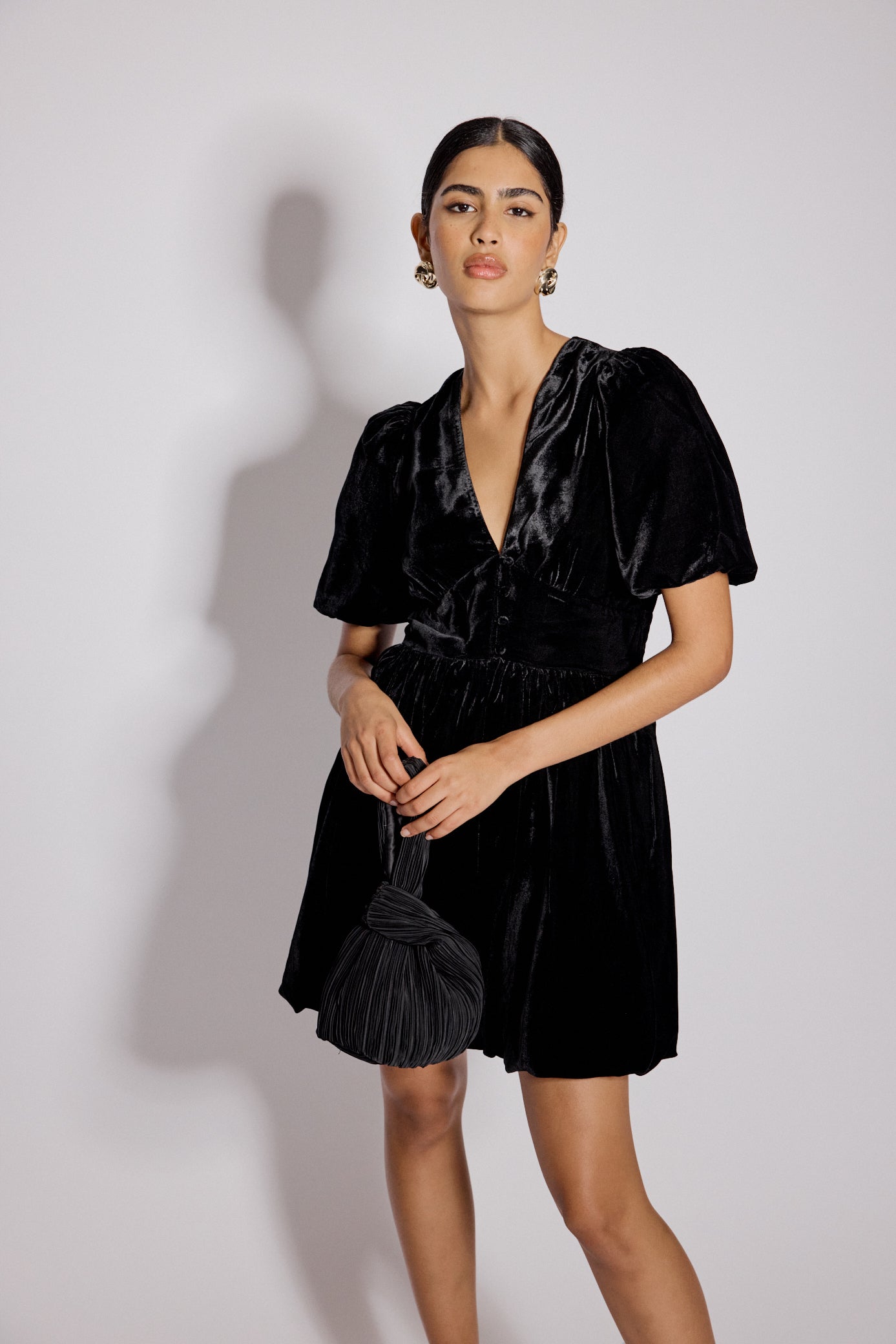 Black Velvet Puff Sleeve Starlight Mini Dress