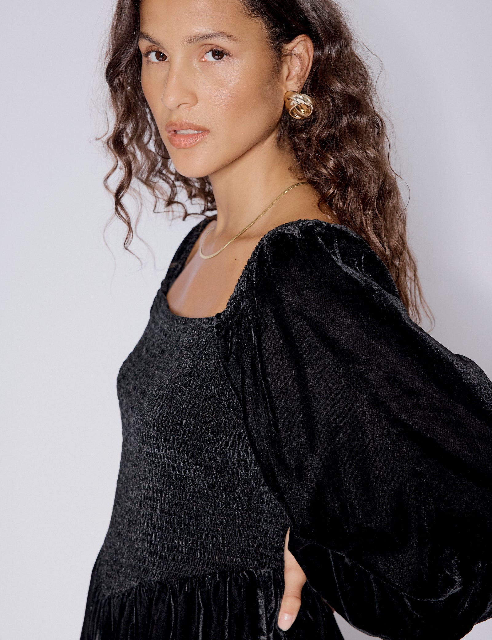 Black Velvet Balloon Sleeve Jupiter Mini Dress