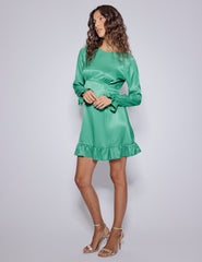 Green Satin Long Sleeve Frill Bella Mini Dress