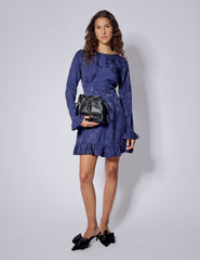 Blue Floral Satin Jacquard Long Sleeve Frill Bella Mini Dress