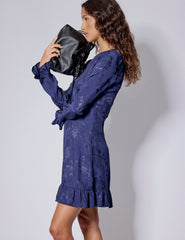 Blue Floral Satin Jacquard Long Sleeve Frill Bella Mini Dress