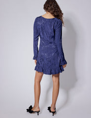 Blue Floral Satin Jacquard Long Sleeve Frill Bella Mini Dress