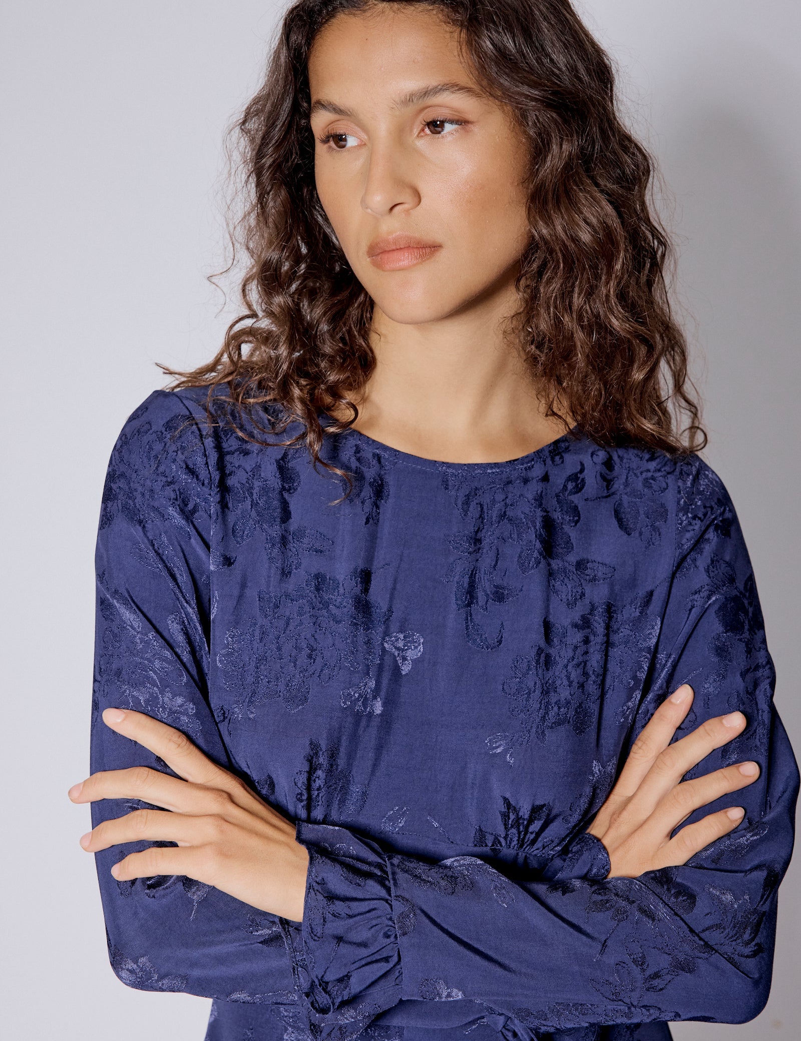 Blue Floral Satin Jacquard Long Sleeve Frill Bella Mini Dress