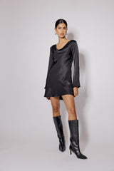 Black Satin Cowl Neck Leighton Mini Dress