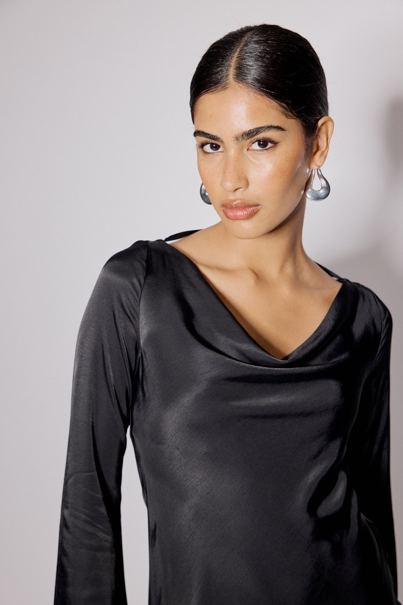 Black Satin Cowl Neck Leighton Mini Dress