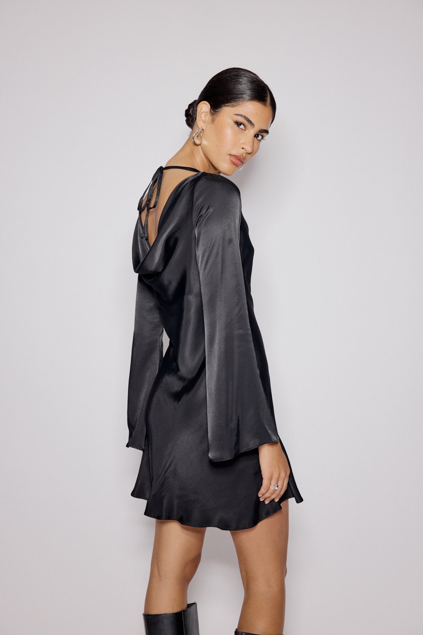 Black Satin Cowl Neck Leighton Mini Dress