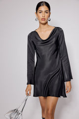 Black Satin Cowl Neck Leighton Mini Dress