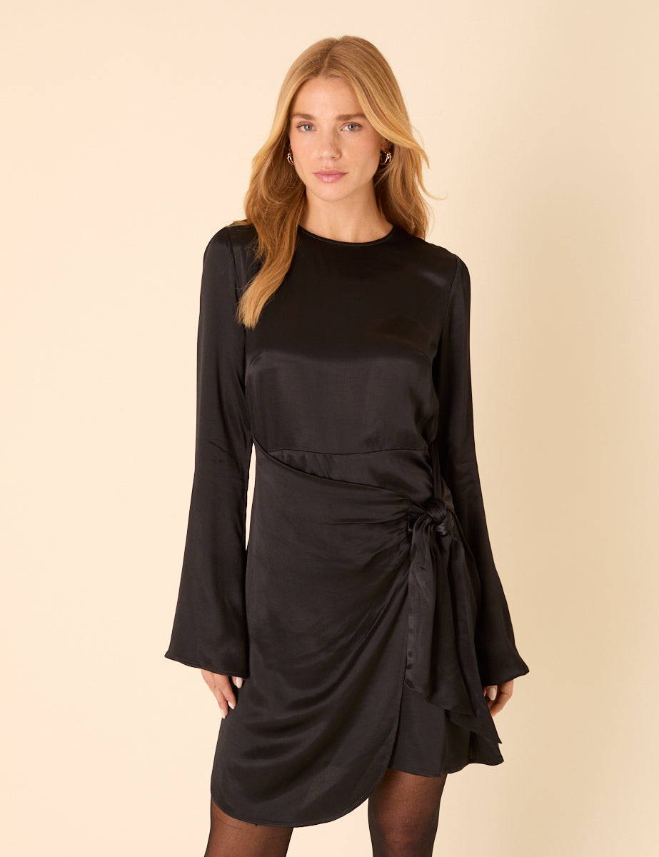 Black Satin Wrap Blair Mini Dress