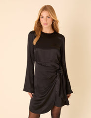 Black Satin Wrap Blair Mini Dress