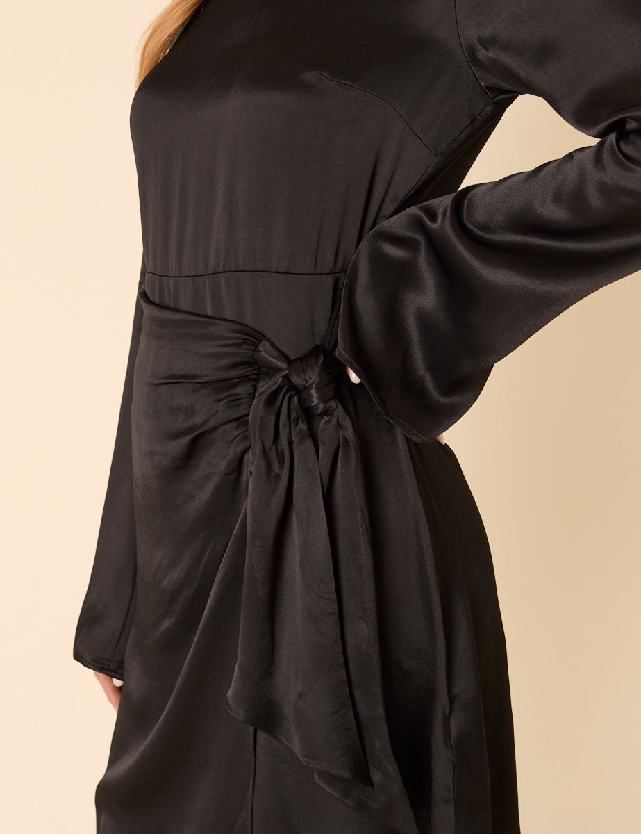 Black Satin Wrap Blair Mini Dress