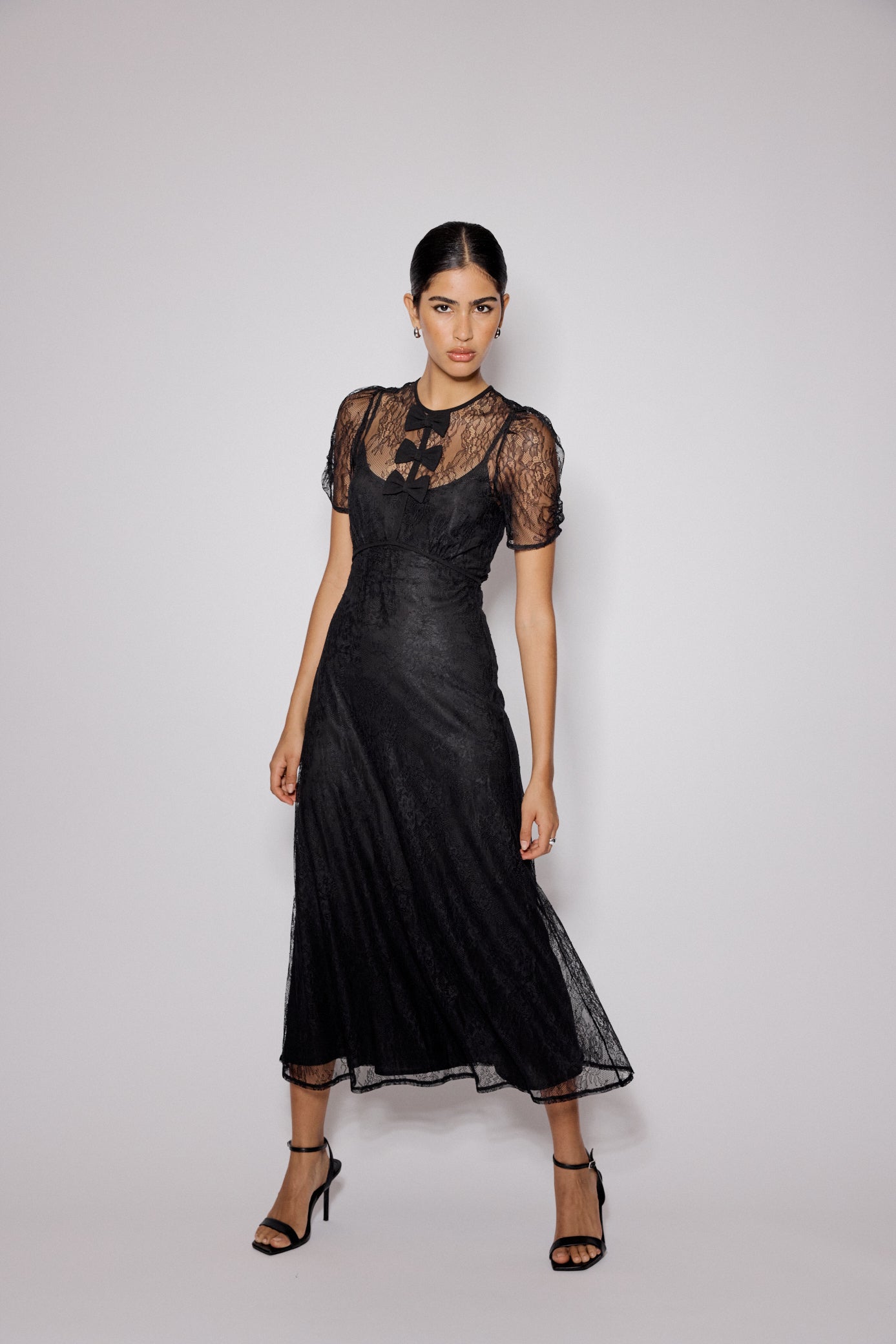Black Lace Bow Front Una Midi Dress