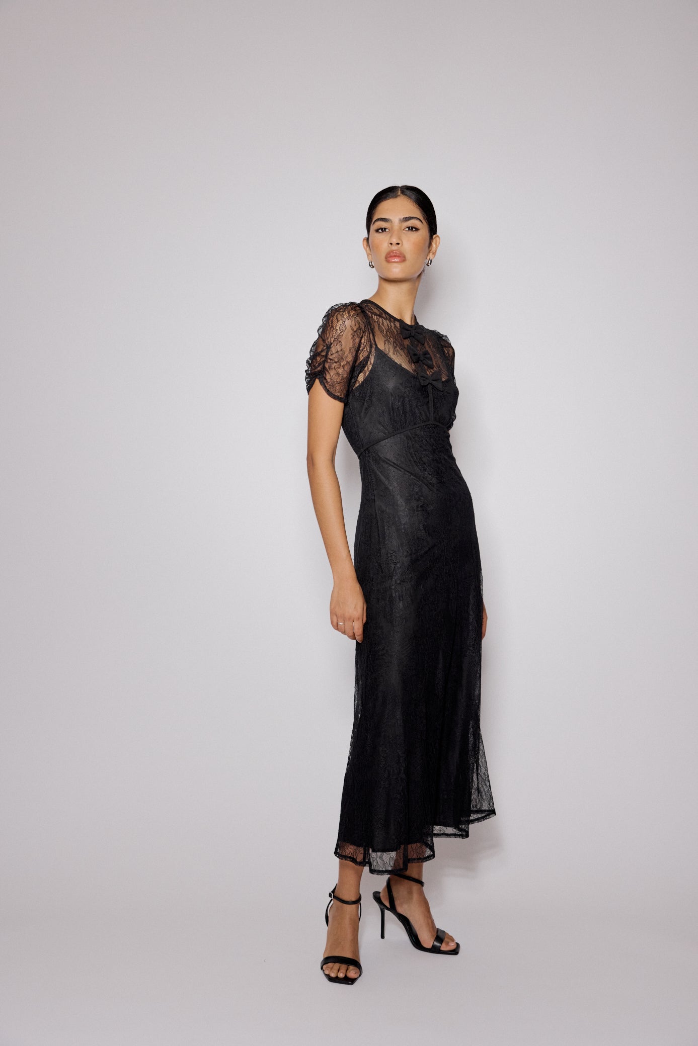Black Lace Bow Front Una Midi Dress