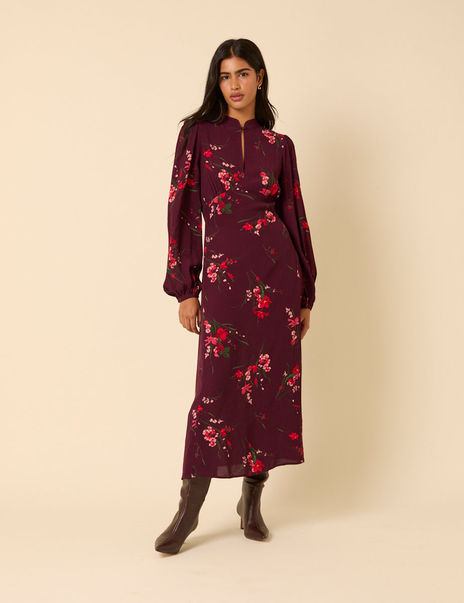 Burgundy Floral Long Sleeve Mila Midi Dress