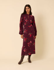 Burgundy Floral Long Sleeve Mila Midi Dress