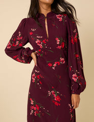 Burgundy Floral Long Sleeve Mila Midi Dress