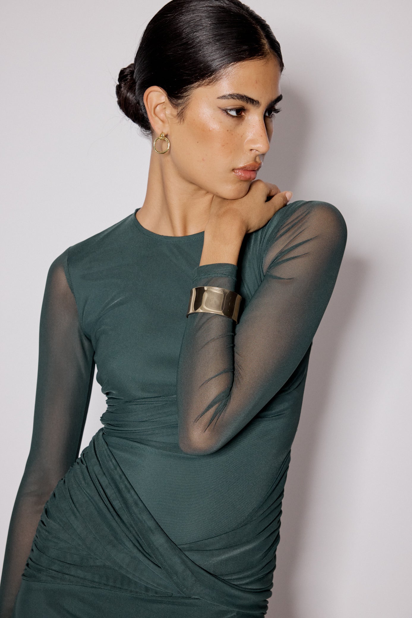 Green Mesh Long Sleeve Tammy Midi Dress