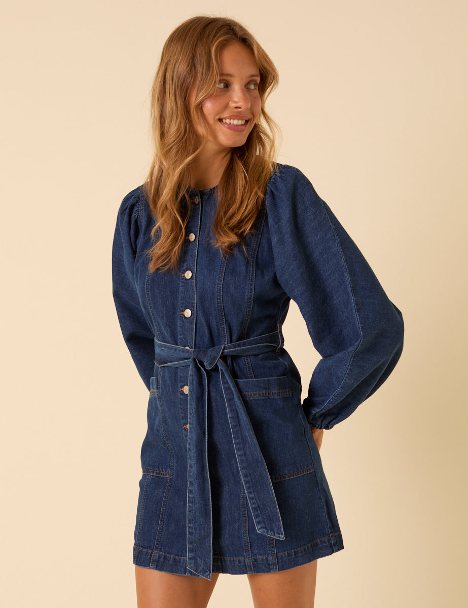 Dark Blue Denim Carlee Tie Waist Mini Dress
