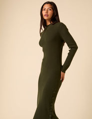 Dark Green Knitted Long Sleeve Midi Dress
