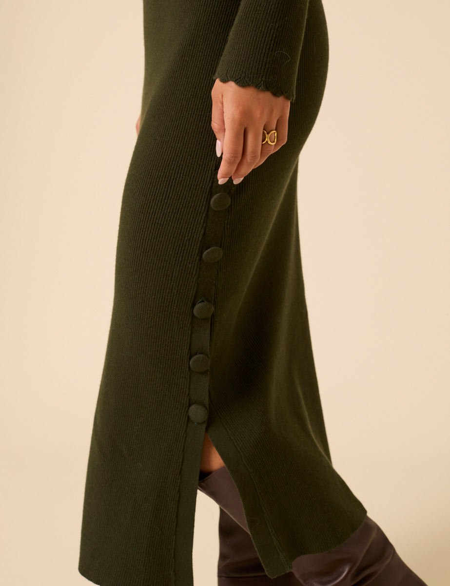 Dark Green Knitted Long Sleeve Midi Dress