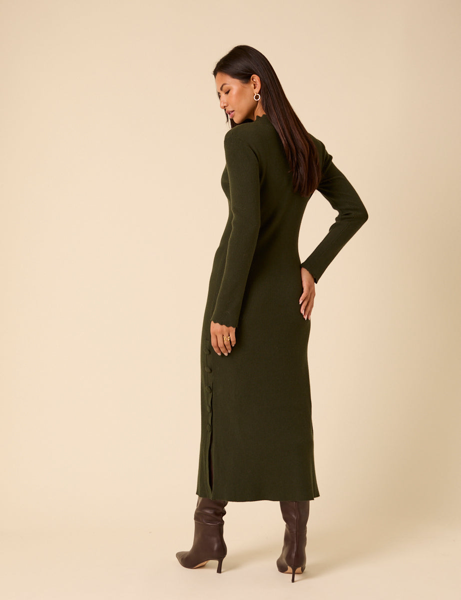 Dark Green Knitted Long Sleeve Midi Dress