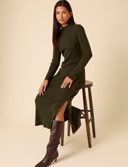 Dark Green Knitted Long Sleeve Midi Dress