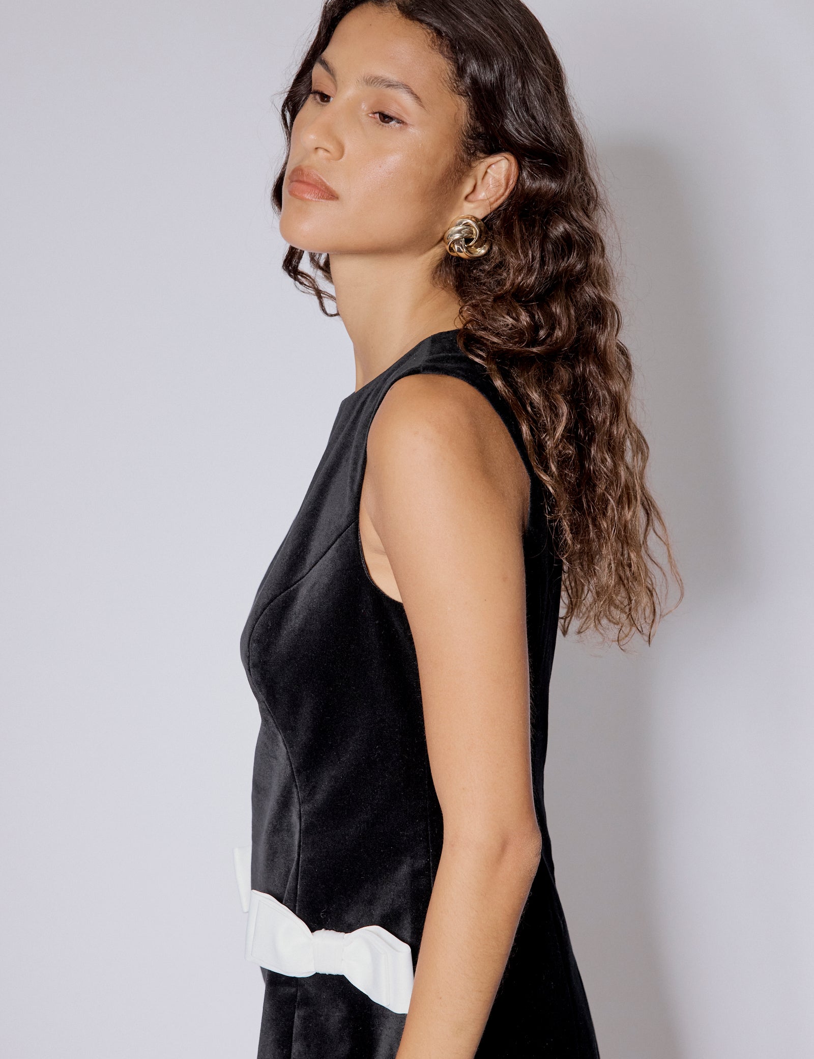 Black Velvet Bow Detail Mini Dress