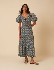 Blue Tile Printed Aria Midi Dress