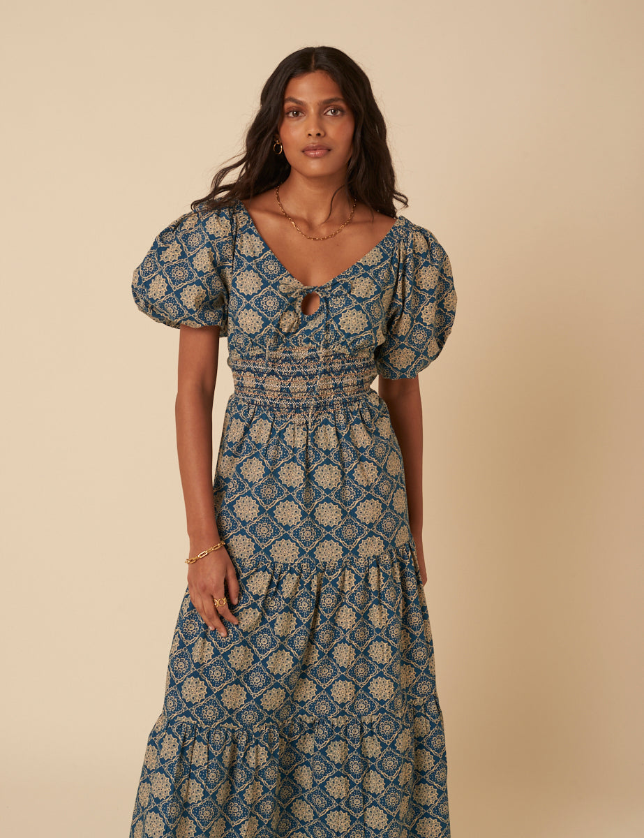 Blue Tile Printed Aria Midi Dress