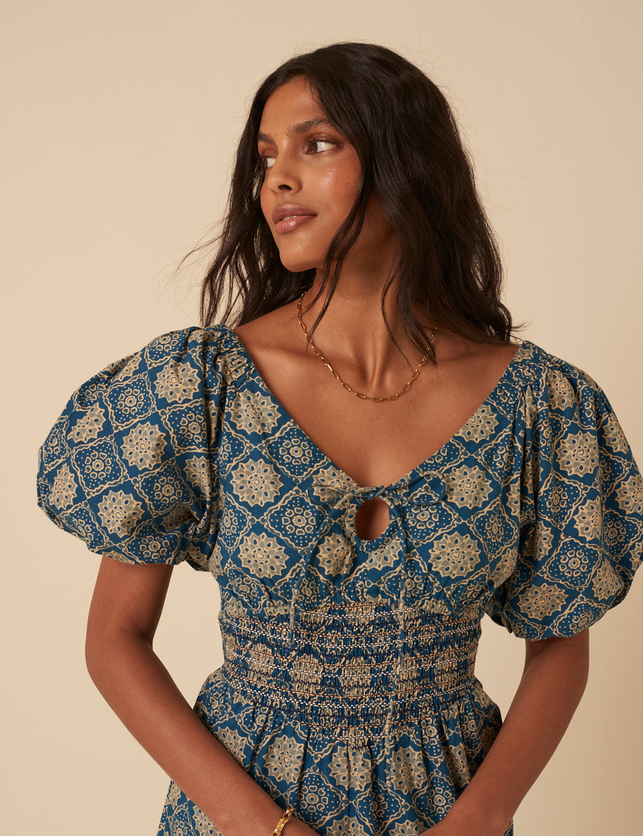 Blue Tile Printed Aria Midi Dress