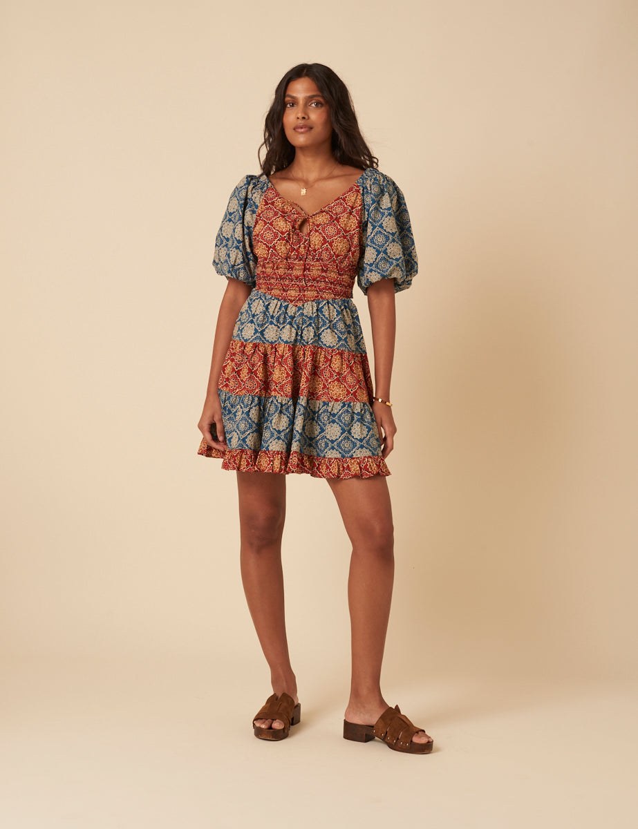 Tile Printed Puff Sleeve Aria Mini Dress