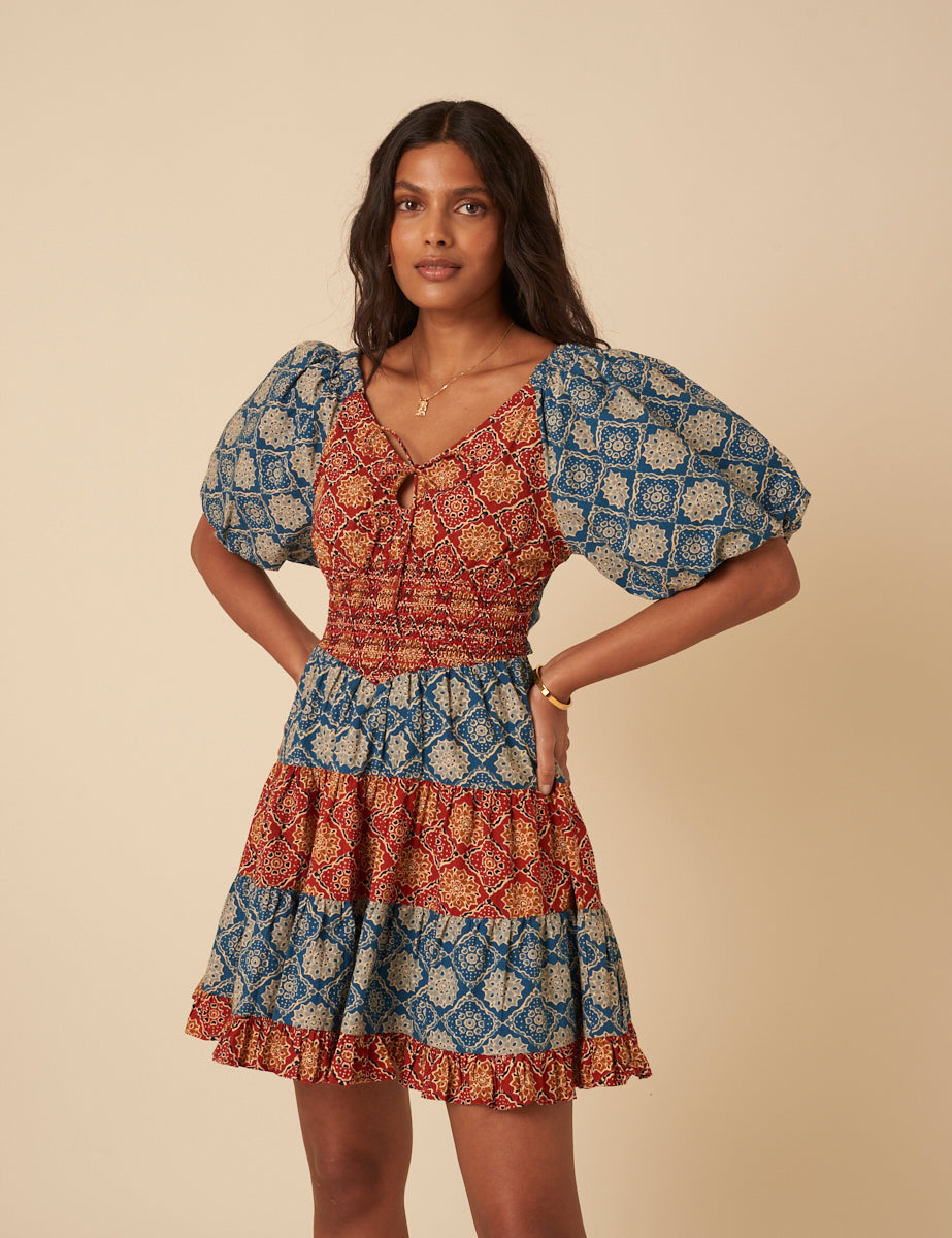 Tile Printed Puff Sleeve Aria Mini Dress