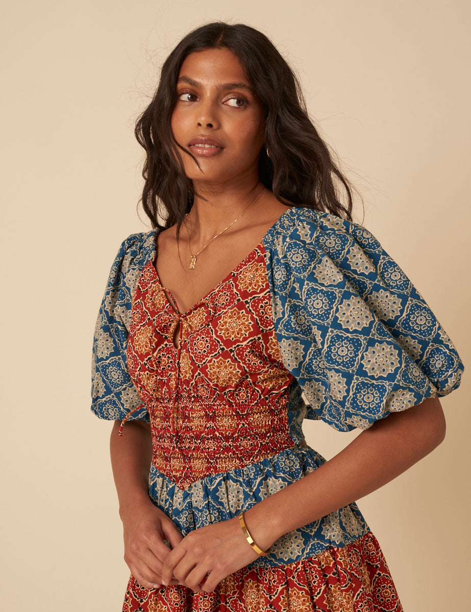 Tile Printed Puff Sleeve Aria Mini Dress