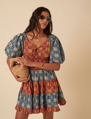 Tile Printed Puff Sleeve Aria Mini Dress