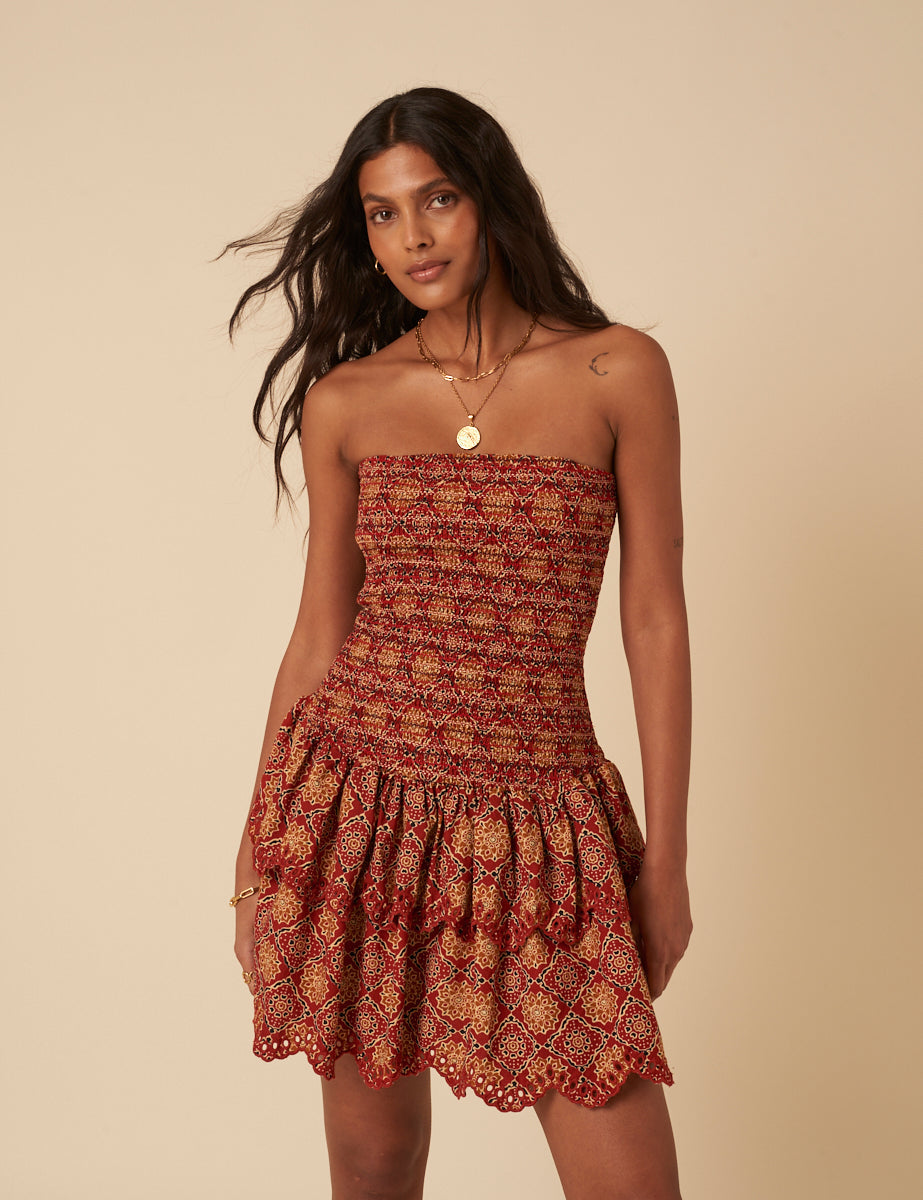 Red Tile Printed Bandeau Kai Mini Dress
