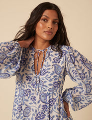 Blue Woodblock Printed Aries Midi Dress