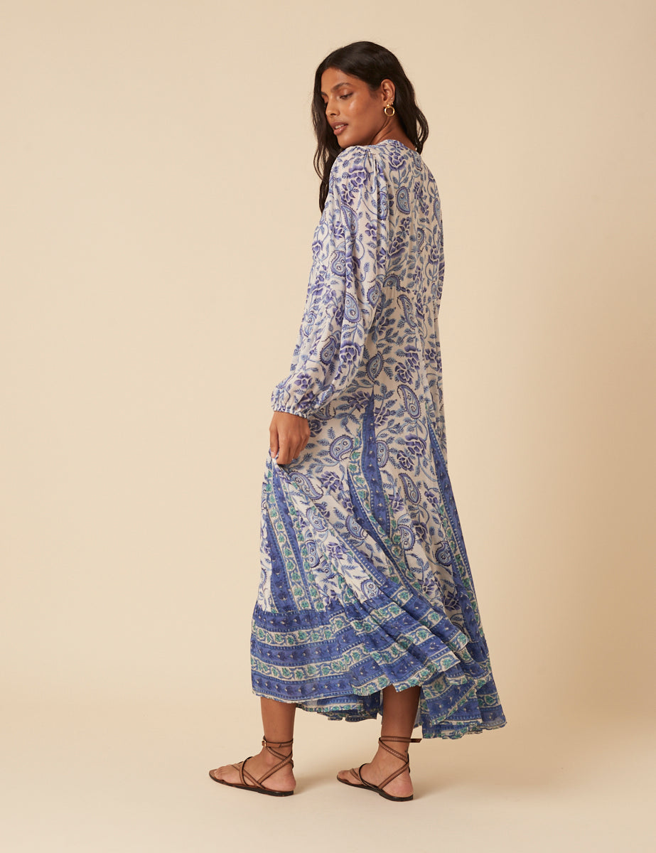 Blue Woodblock Printed Aries Midi Dress