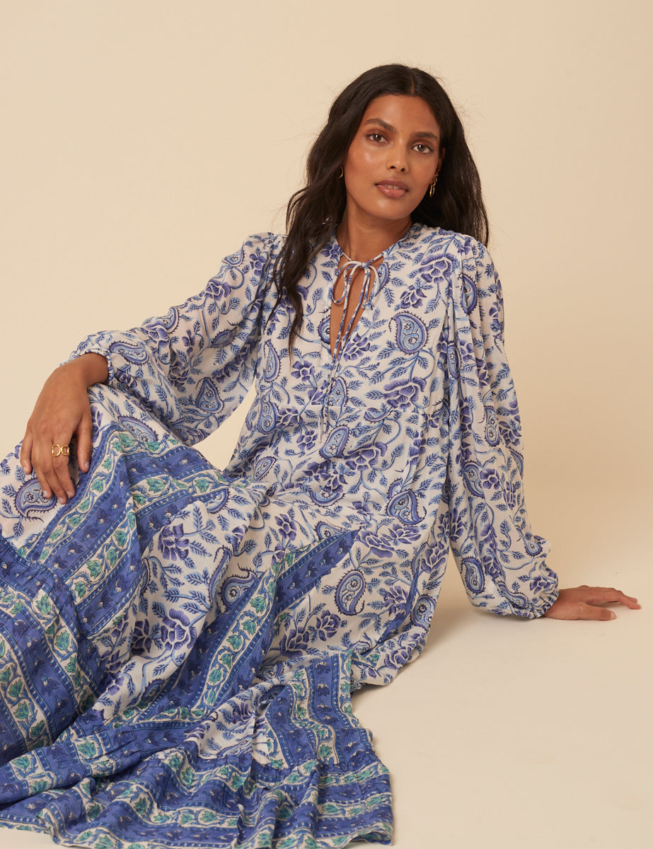 Blue Woodblock Printed Aries Midi Dress