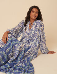 Blue Woodblock Printed Aries Midi Dress