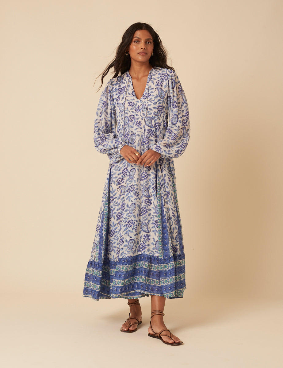Blue Woodblock Printed Aries Midi Dress