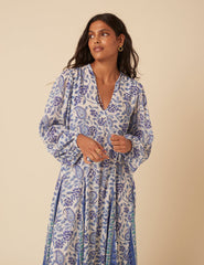 Blue Woodblock Printed Aries Midi Dress