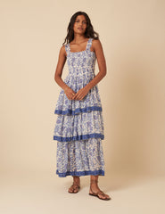 Blue Woodblock Printed Tiered Rowan Midi Dress