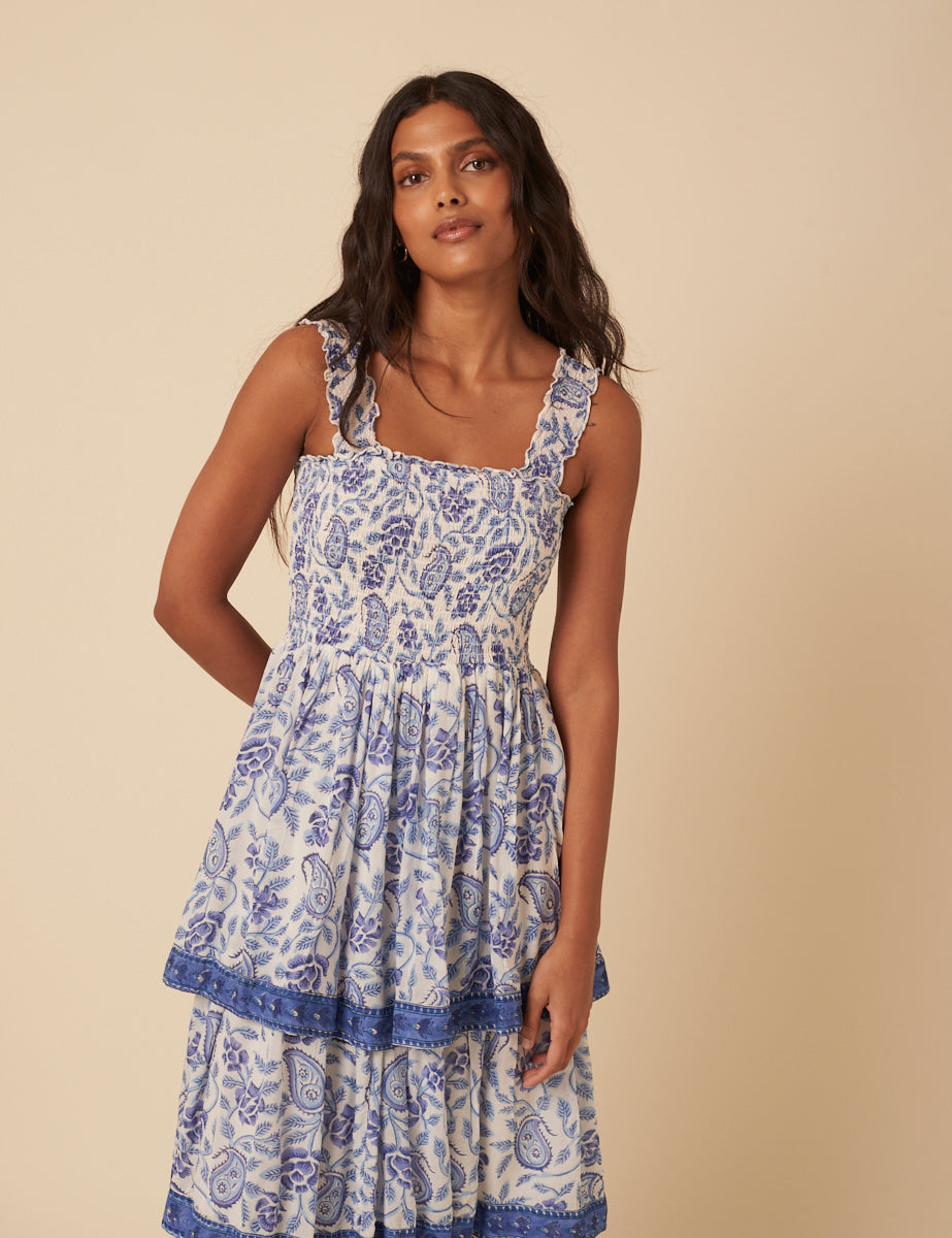 Blue Woodblock Printed Tiered Rowan Midi Dress