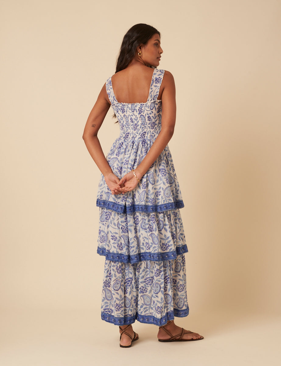 Blue Woodblock Printed Tiered Rowan Midi Dress