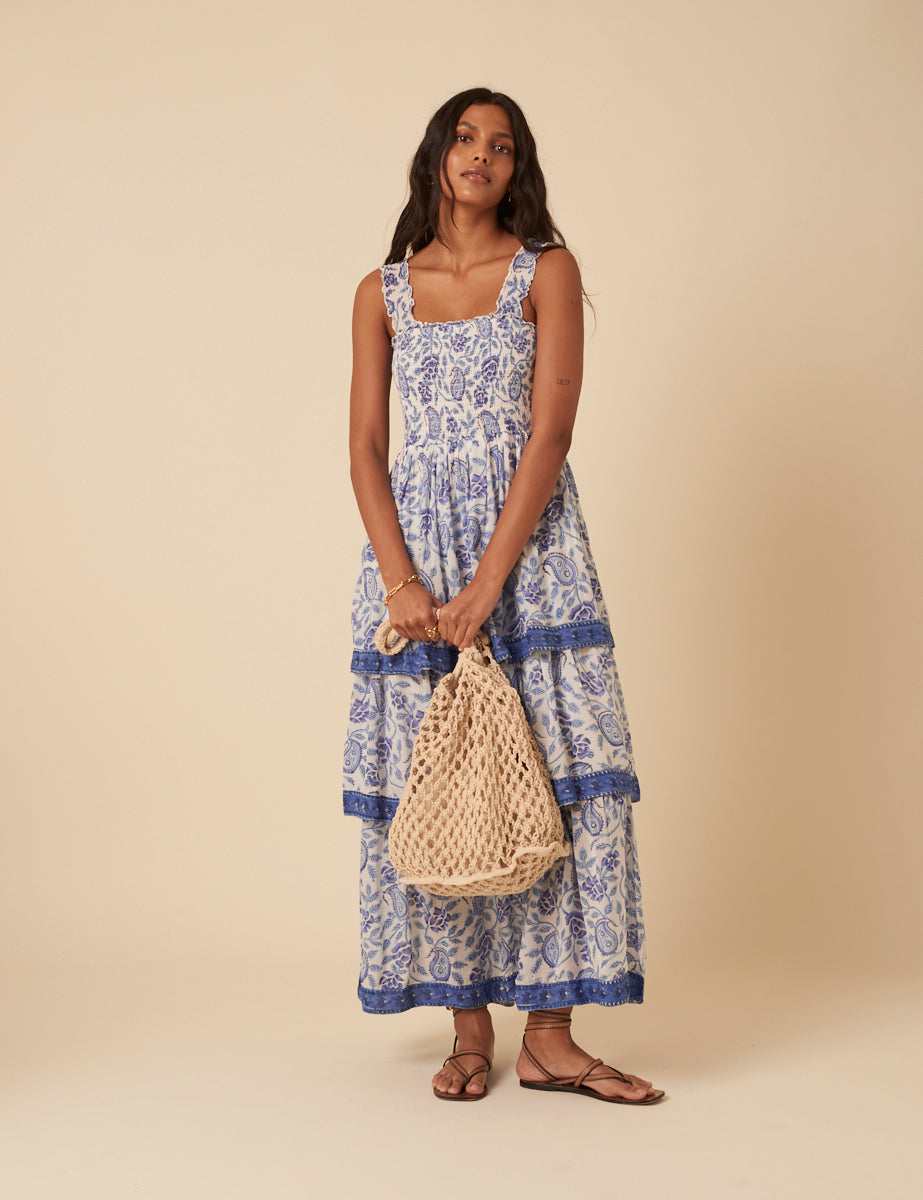 Blue Woodblock Printed Tiered Rowan Midi Dress