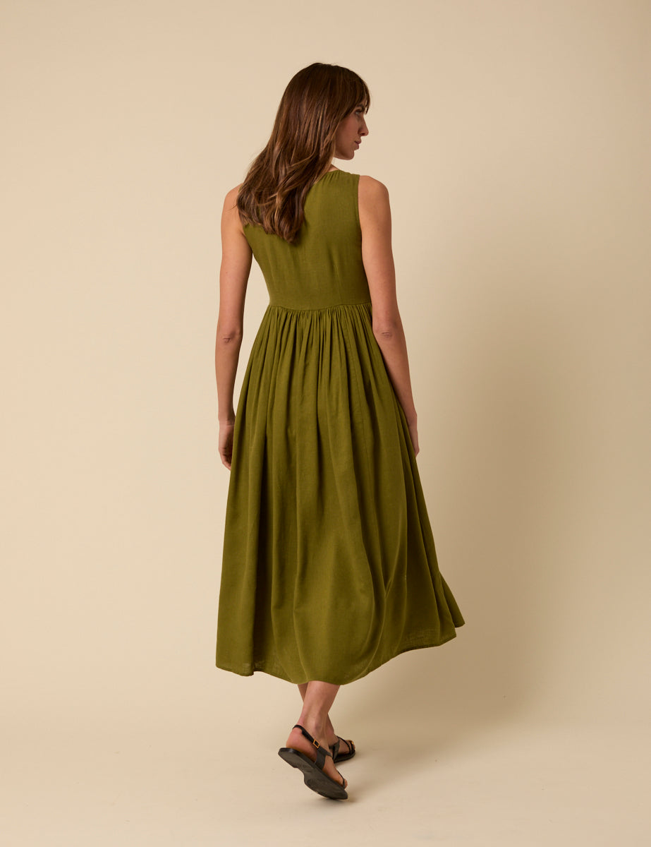 Green Linen-blend Drop Waist Cora Midi Dress