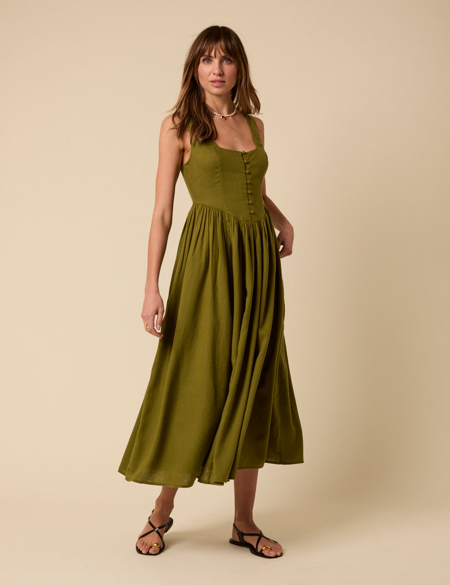 Green Linen-blend Drop Waist Cora Midi Dress