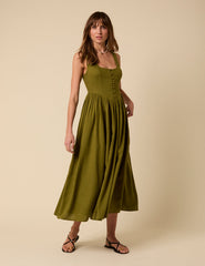 Green Linen-blend Drop Waist Cora Midi Dress