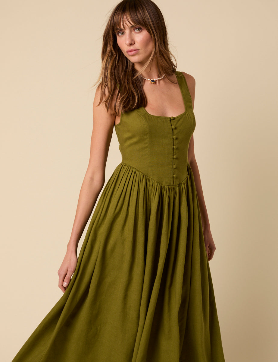 Green Linen-blend Drop Waist Cora Midi Dress