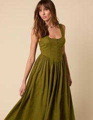 Green Linen-blend Drop Waist Cora Midi Dress